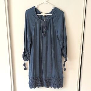 Lovestitch Womens Small Long Sleeve Midi Dress Blue Rayon Boho Western Casual